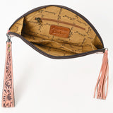 LC-ADBG1233H Hand-Tooled Leather Clutch - Semi-Circle Wristlet with Tassel