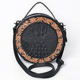 ADBG1604 Round Black Leather Canteen Bag with Floral Tooled Border & Embossed Center