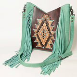 ADBG1199 Mint Fringe Leather Crossbody Bag - Tooled Aztec Design with Gemstone Accents