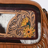 ADBG1524 Tooled Leather & Cowhide Crossbody Fringe Bag - Western Floral with Yellow Daisies