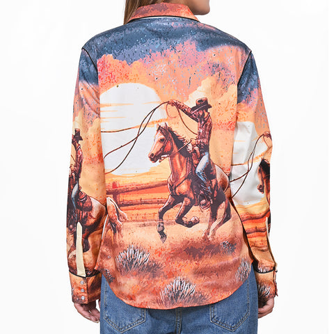 ADSH084 American Darling 100% Satin Cotton Western Rodeo Print Button Down Shirt