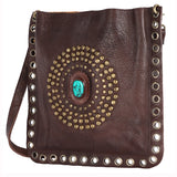 ADBGM353 Leather Crossbody Bag with Studded Circle & Turquoise Concho - Western Grommet Shoulder Purse