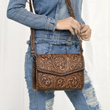 ADBGZ752 Natural Hand Tooled Leather Wallet Bag - Western Floral Whipstitch Purse
