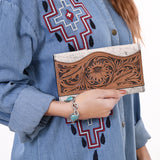 KBG110 WALLET Hand Tooled Saddle Leather with Cowhide Leather and Upcycled Canvas Ladies Ba