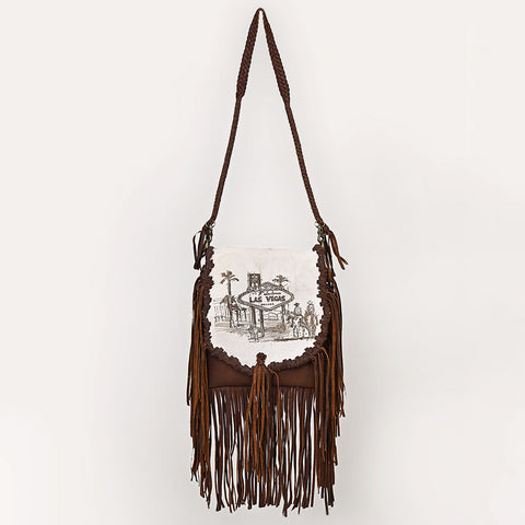 ADBGM619 Western Fringe Messenger Bag - Hair-On Leather with Las Vegas Cowgirl Print & Whipstitch Detail