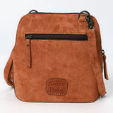 ADBG1659 Tan Suede Saddle Crossbody Bag with Tooled Leather & White Embroidery