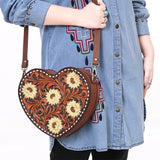 ADBGA744 Heart-Shaped Tooled Leather Crossbody Bag – Sunflower Floral Design with Western Stitch