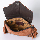 ADBG1657 Tan Suede Crossbody Bag with Scalloped Flap, Tooled Leather & Fringe