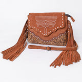 ADBG1657 Tan Suede Crossbody Bag with Scalloped Flap, Tooled Leather & Fringe