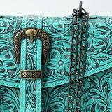 ADBG1535 Western Hand-Tooled Leather Crossbody Bag with Buckle Strap & Chain - Floral Tooled Design