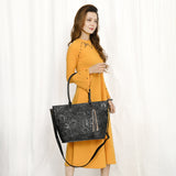 ADBG1480A Black Hand-Tooled Leather Tote Bag with Tassel and Shoulder Strap