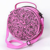 ADBG1300B Pink Tooled Leather Round Crossbody Bag with Top Handle