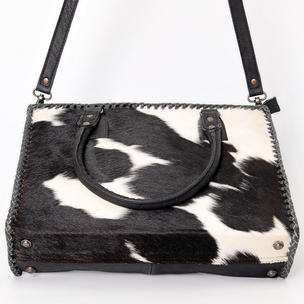 ADBGS118 Western Cowhide Tote -Hair-On Leather Bag with Braided Whipstitch & Strap