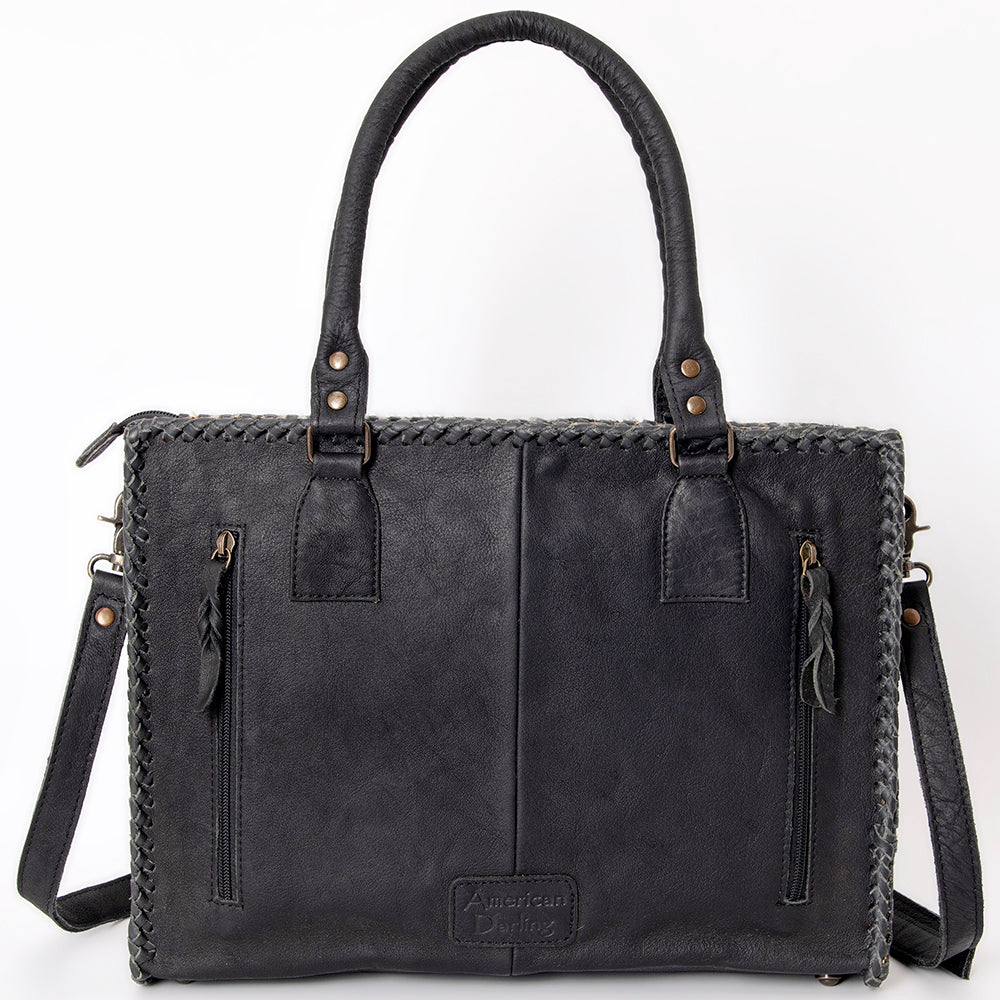 ADBGS118 Western Cowhide Tote -Hair-On Leather Bag with Braided Whipstitch & Strap
