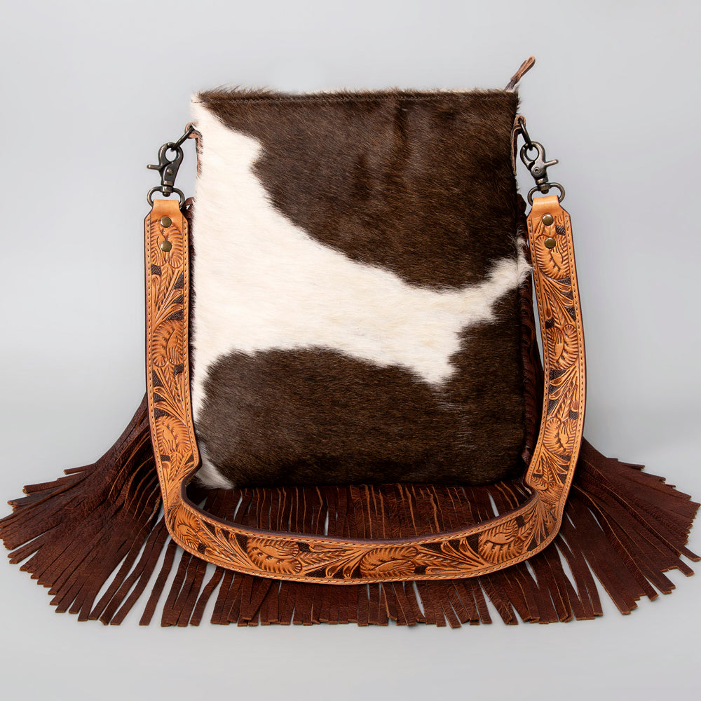 ADBGS192 Natural Cowhide Messenger Bag with Fringe - Tooled Strap Western Purse