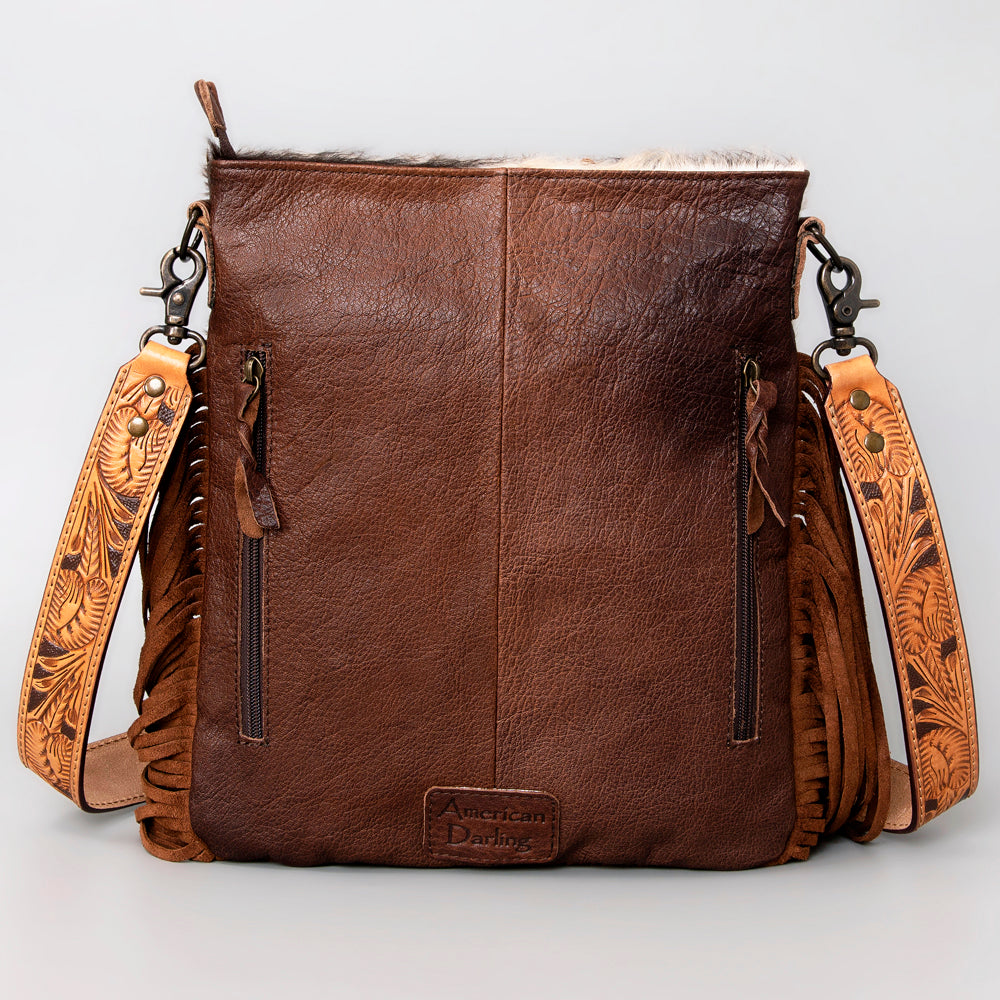 ADBGS192 Natural Cowhide Messenger Bag with Fringe - Tooled Strap Western Purse
