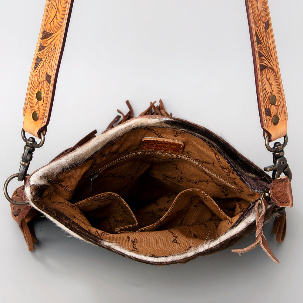 ADBGS192 Natural Cowhide Messenger Bag with Fringe - Tooled Strap Western Purse