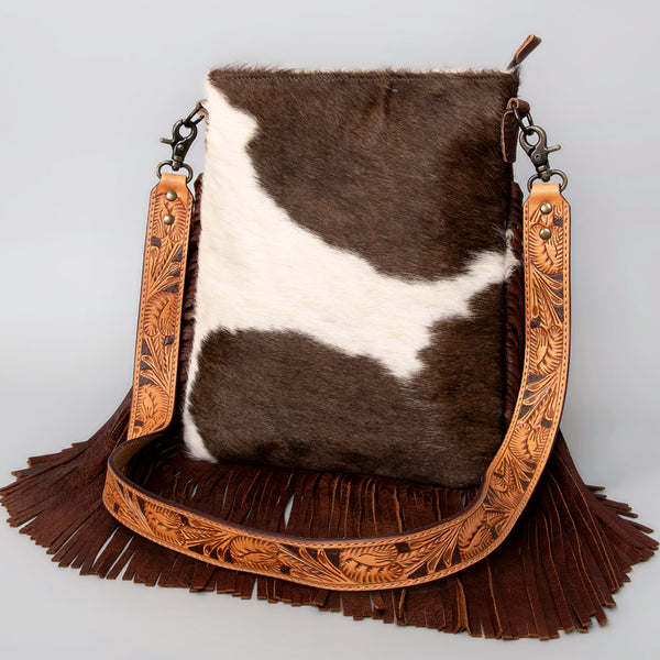 ADBGS192 Natural Cowhide Messenger Bag with Fringe - Tooled Strap Western Purse