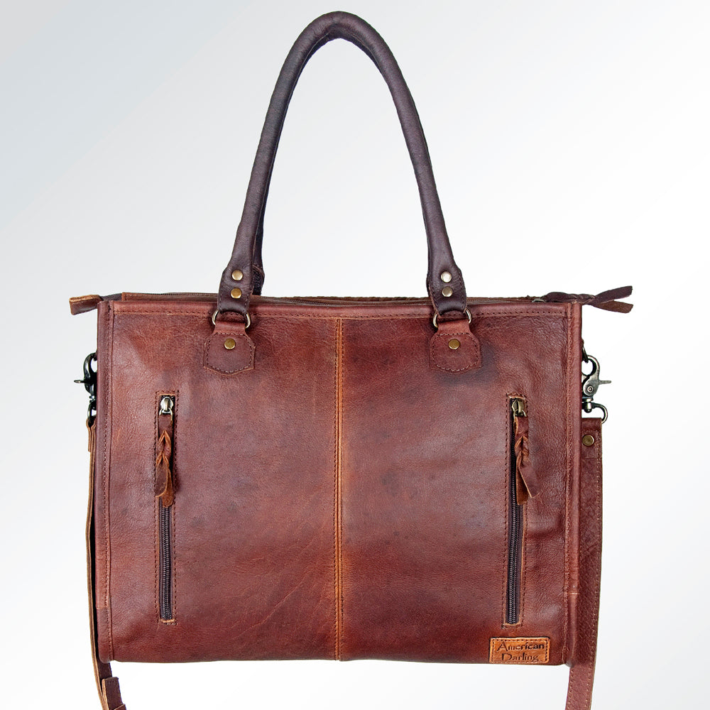 ADBG229 Printed Hair-On Hide Leather Tote with Brown Strap and Stitch Detailing