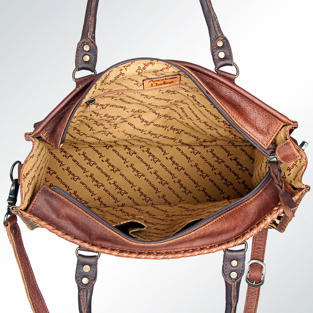 ADBG229 Printed Hair-On Hide Leather Tote with Brown Strap and Stitch Detailing