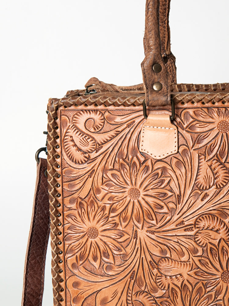 ADBG235 Hand Tooled Floral Leather Tote Bag with Adjustable Shoulder Strap