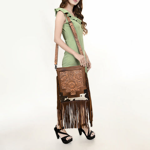 American Darling Messenger Bag - Hand Tooled Floral Leather & Hair-On Cowhide Purse