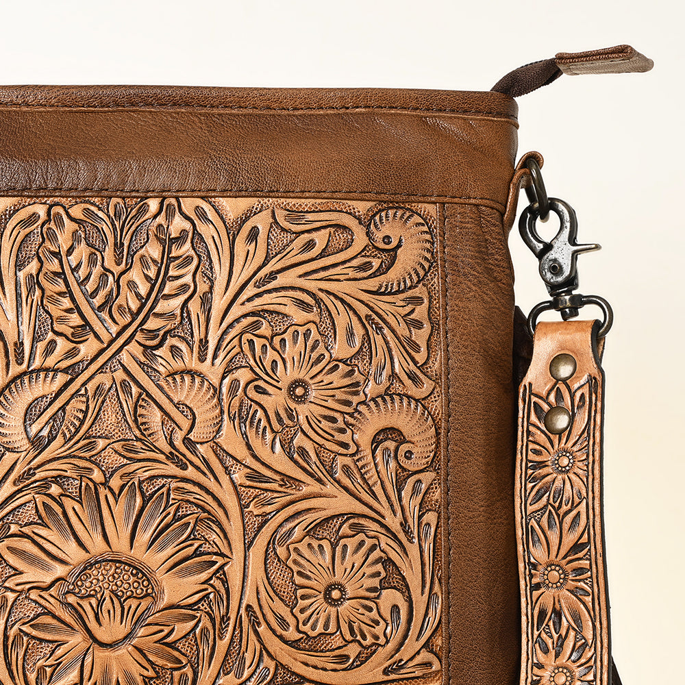 ADBG256 Tooled Leather & Cowhide Fringe Messenger Bag Western Boho Messenger by American Darling
