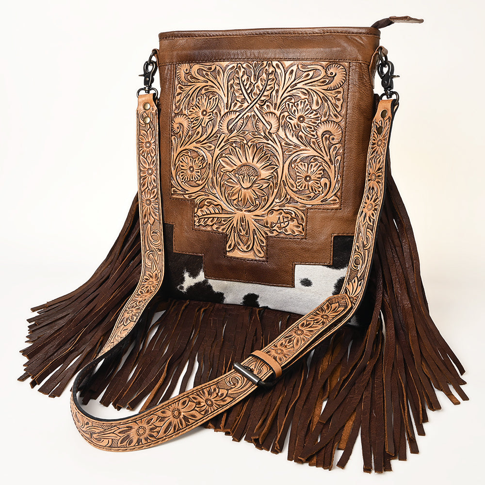 ADBG256 Tooled Leather & Cowhide Fringe Messenger Bag Western Boho Crossbody by American Darling