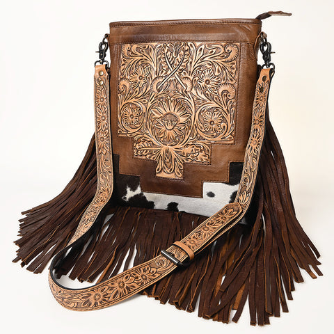 American Darling Messenger Bag - Hand Tooled Floral Leather & Hair-On Cowhide Purse
