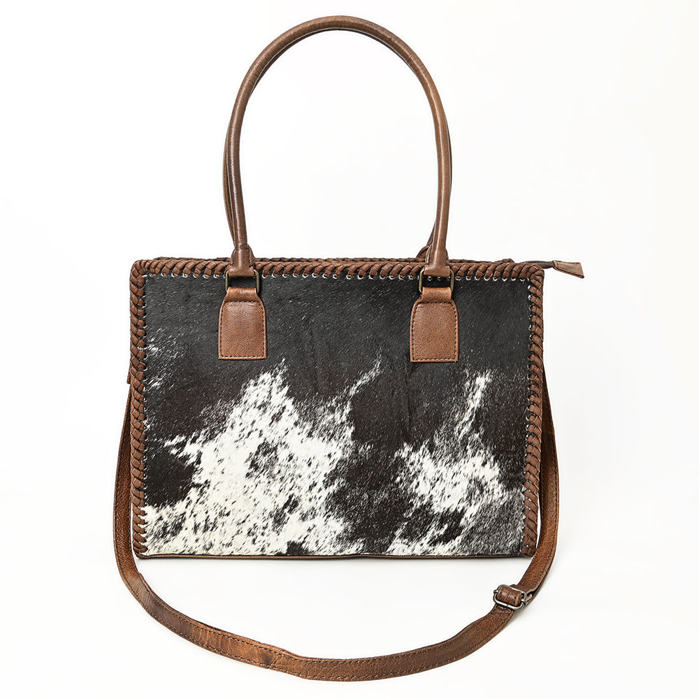 ADBGS118 Western Cowhide Tote -Hair-On Leather Bag with Braided Whipstitch & Strap