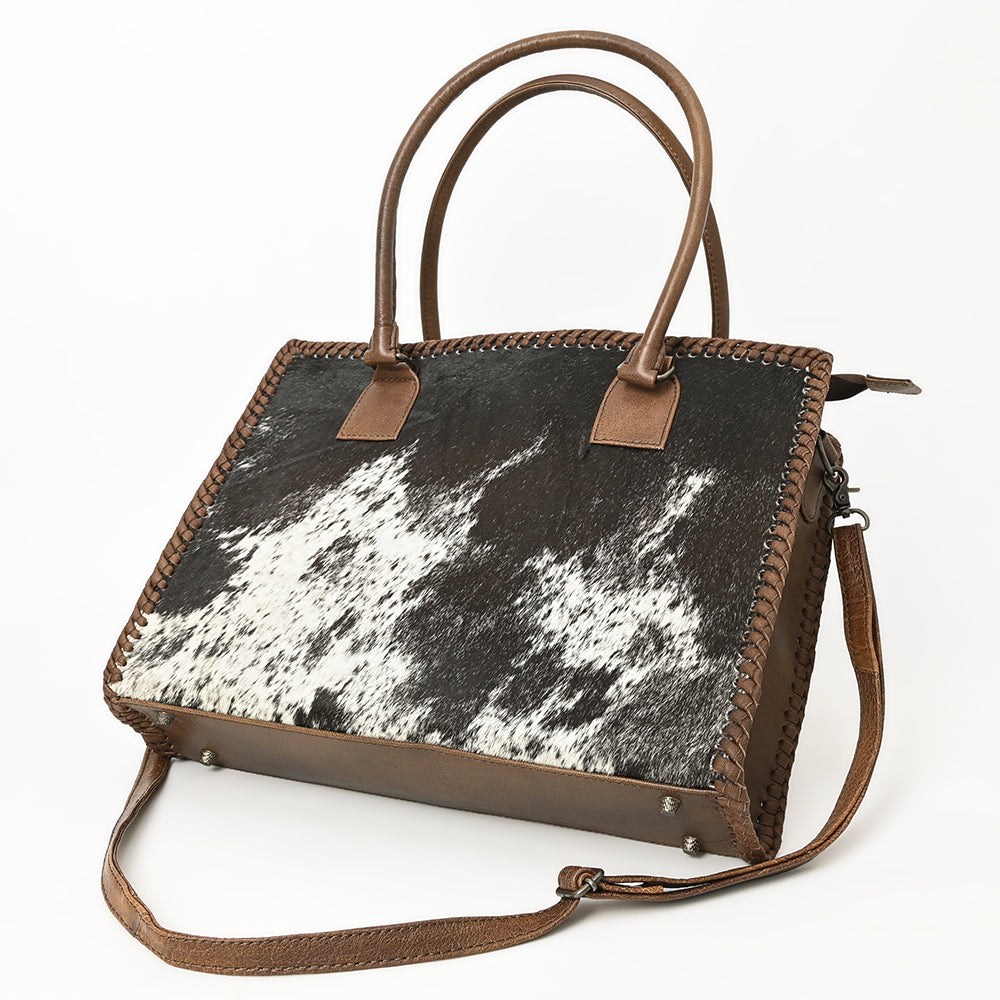 ADBGS118 Western Cowhide Tote -Hair-On Leather Bag with Braided Whipstitch & Strap