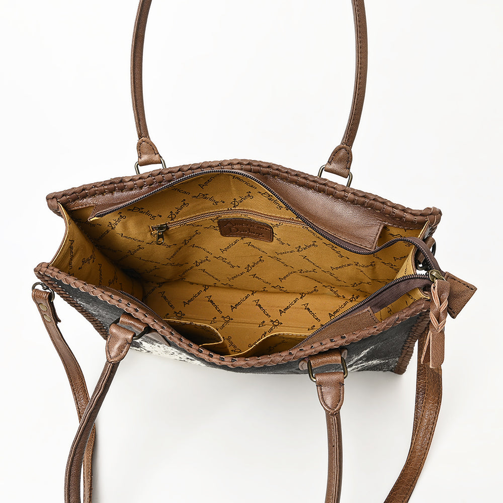 ADBGS118 Western Cowhide Tote -Hair-On Leather Bag with Braided Whipstitch & Strap