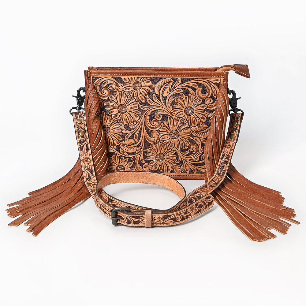 ADBG323 Hand-Tooled Leather Crossbody Bag with Floral Daisies & Fringe Strap | American Darling