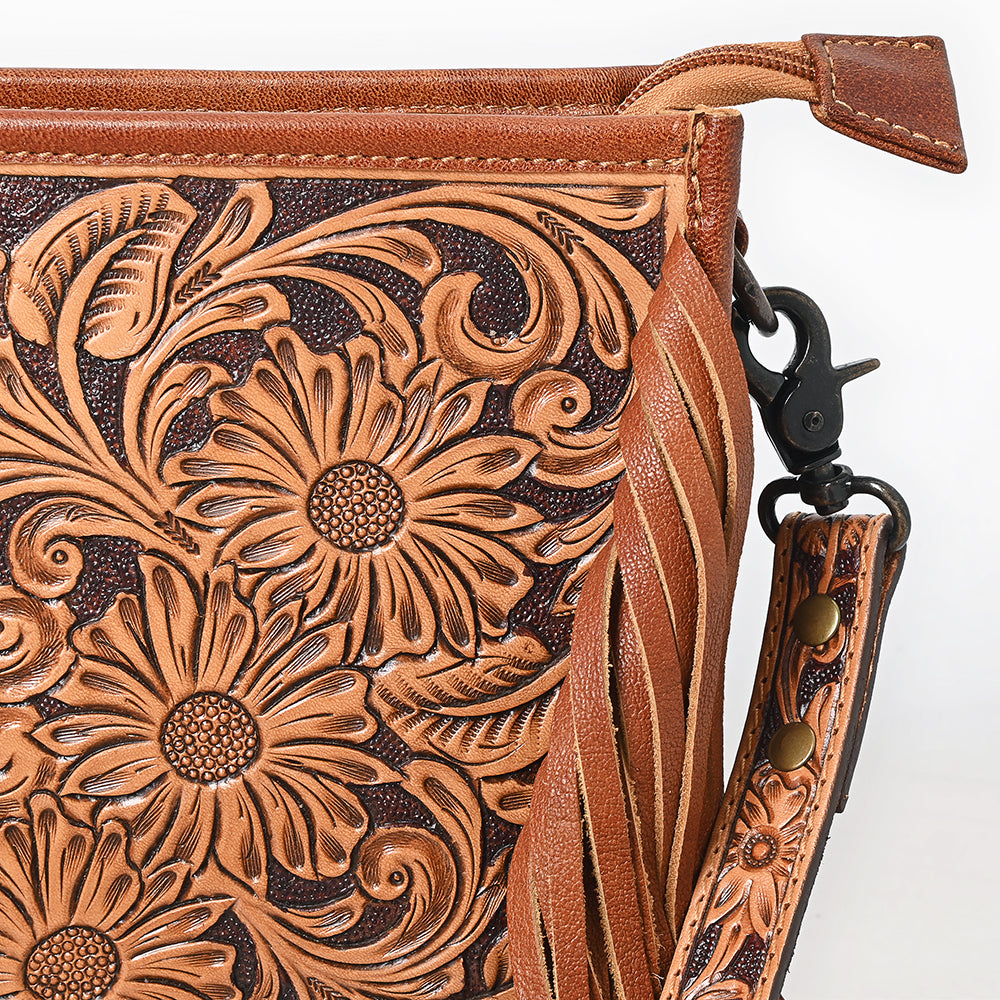ADBG323 Hand-Tooled Leather Crossbody Bag with Floral Daisies & Fringe Strap | American Darling