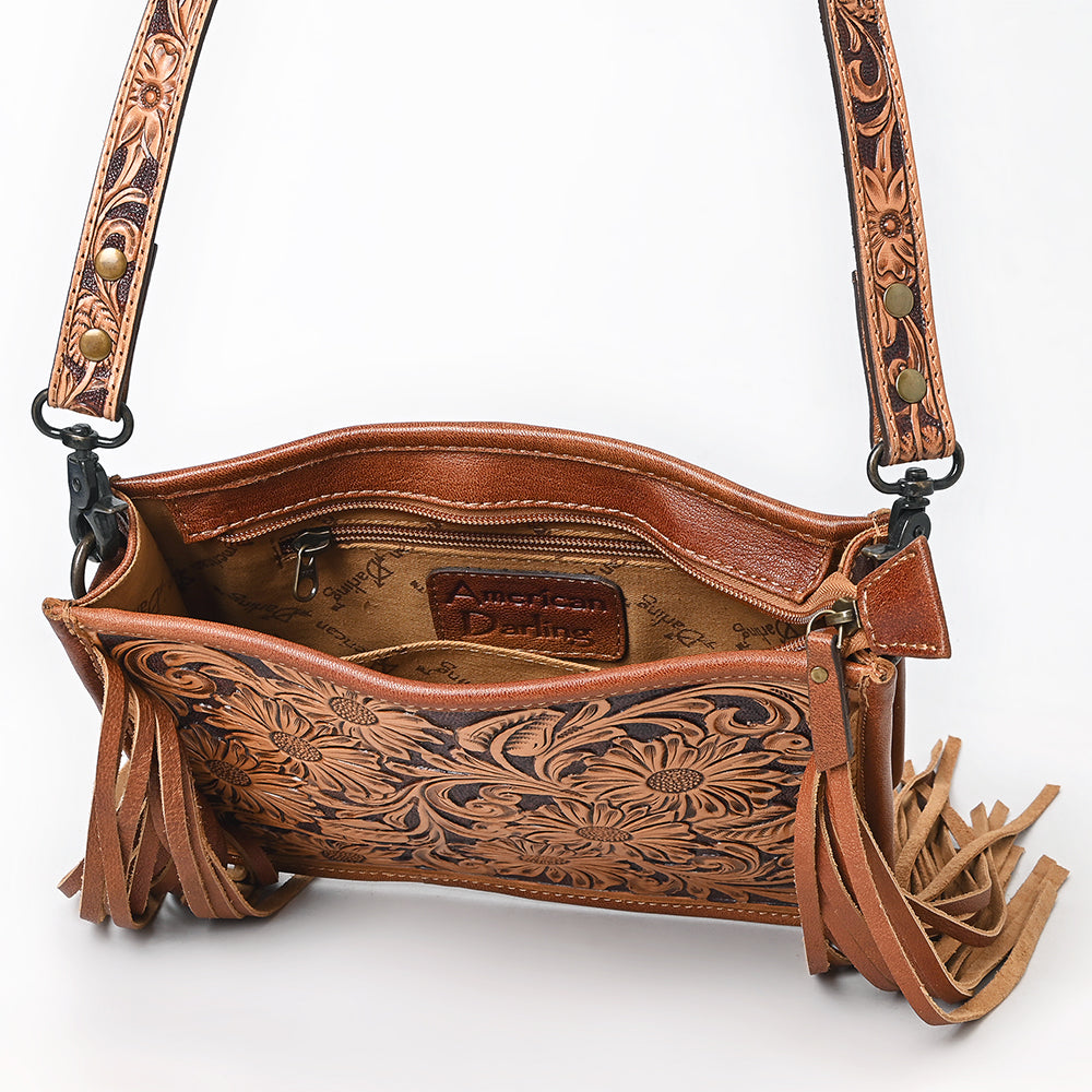 ADBG323 Hand-Tooled Leather Crossbody Bag with Floral Daisies & Fringe Strap | American Darling