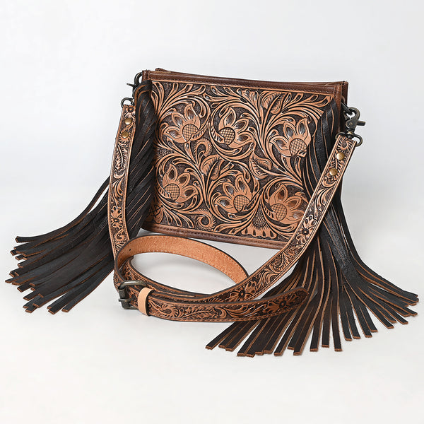 ADBG324 Hand-Tooled Leather Messenger Bag with Floral Carving and Fringe Strap