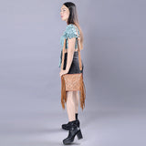 Light tan hand-tooled leather crossbody bag with daisy floral carving, side fringe, and tooled strap


