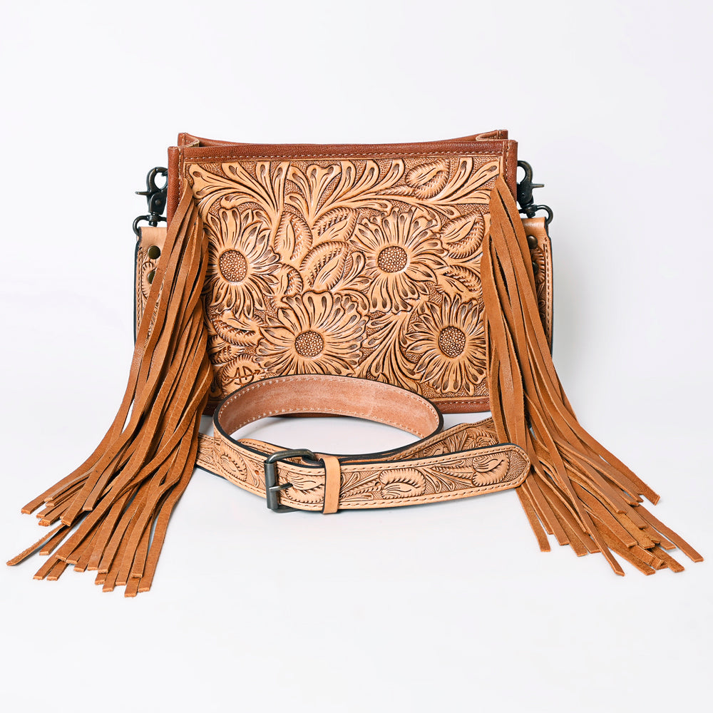ADBG325 Light Tan Hand-Tooled Leather Crossbody Bag with Daisy Floral Design and Fringe