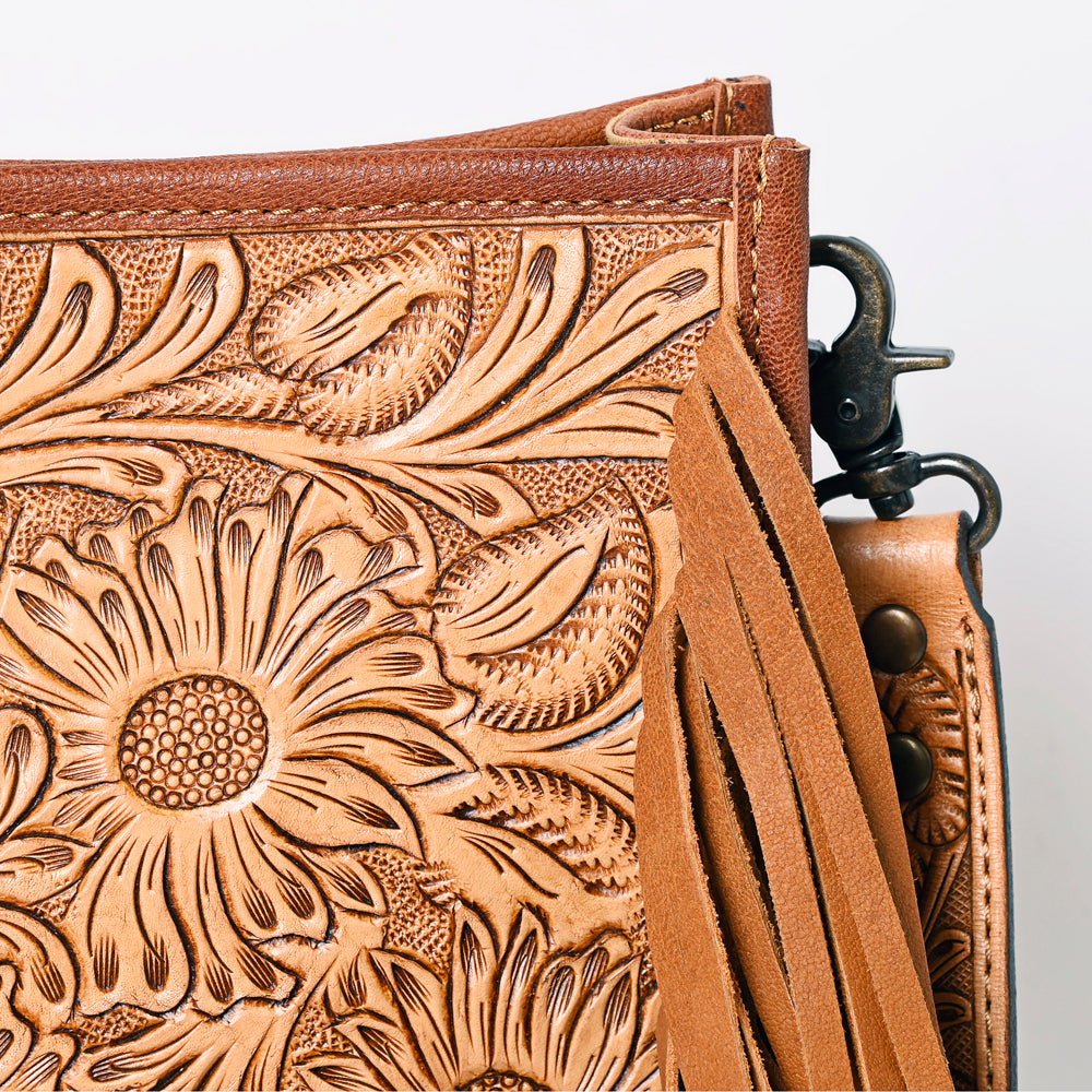 ADBG325 Light Tan Hand-Tooled Leather Crossbody Bag with Daisy Floral Design and Fringe