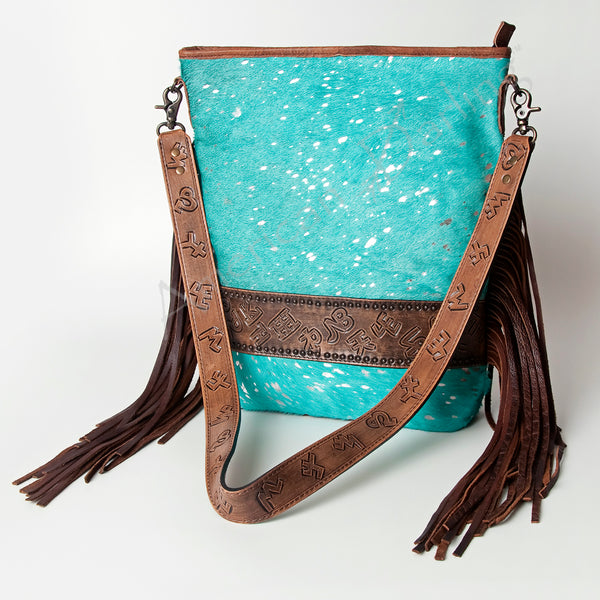 LC-ADBG316 Hair-On Cowhide & Tooled Leather Western Messenger Bag Fringe Crossbody