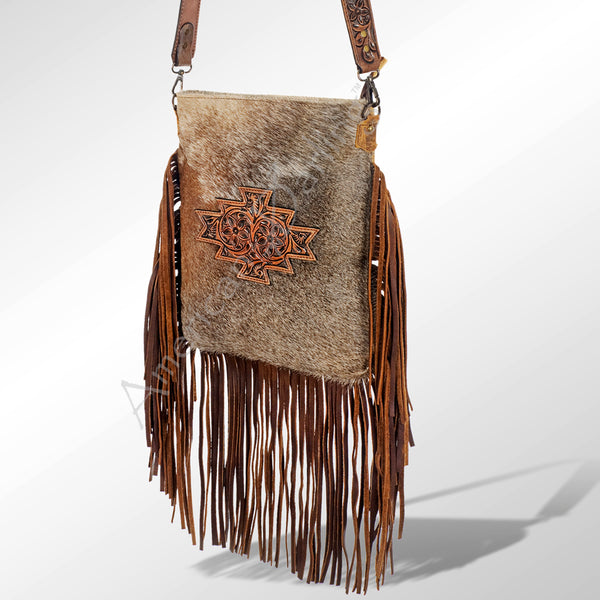 LC-ADBGS192 Cowhide Messenger Bag with Tooled Patch, Fringe & Floral Strap - Western Boho Purse