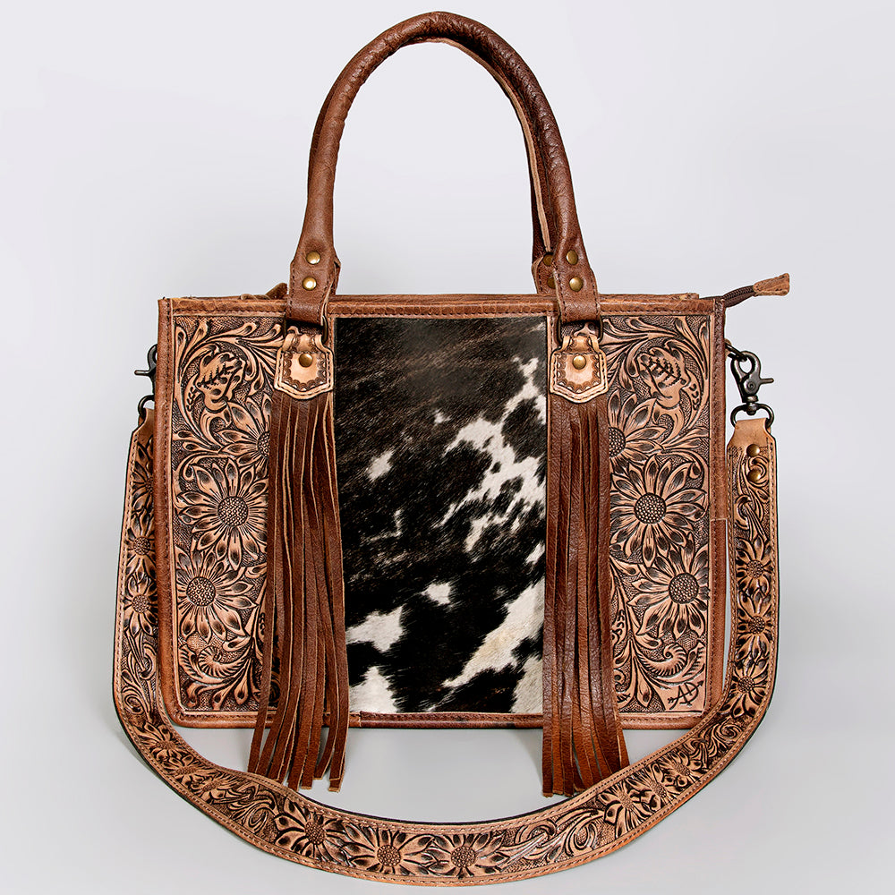 ADBG230 Hand Tooled Leather Tote Bag with Hair-On Cowhide Center & Leather Fringes