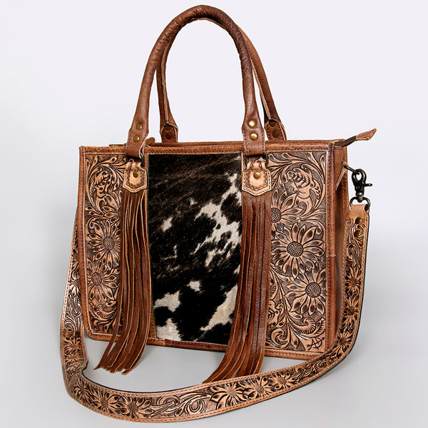 ADBG230 Hand Tooled Leather Tote Bag with Hair-On Cowhide Center & Leather Fringes