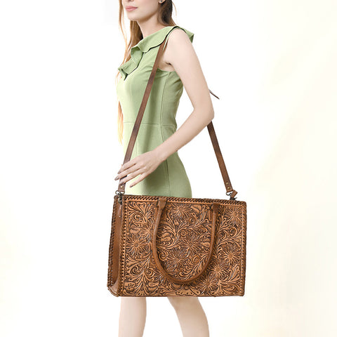American Darling Western Leather Tote Bag - Hand Tooled Floral Carved Braided Purse