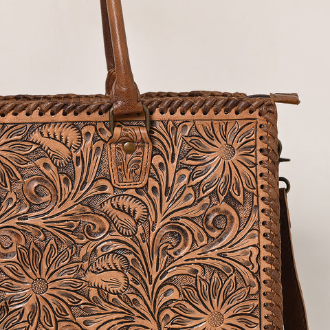 American Darling Western Leather Tote Bag - Hand Tooled Floral Carved Braided Purse