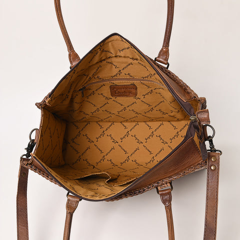 American Darling Western Leather Tote Bag - Hand Tooled Floral Carved Braided Purse