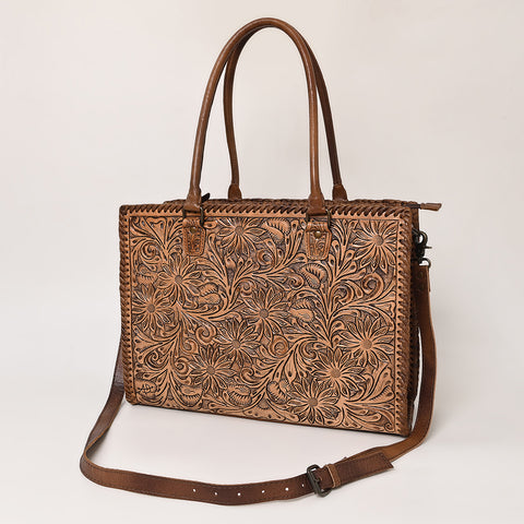 American Darling Western Leather Tote Bag - Hand Tooled Floral Carved Braided Purse