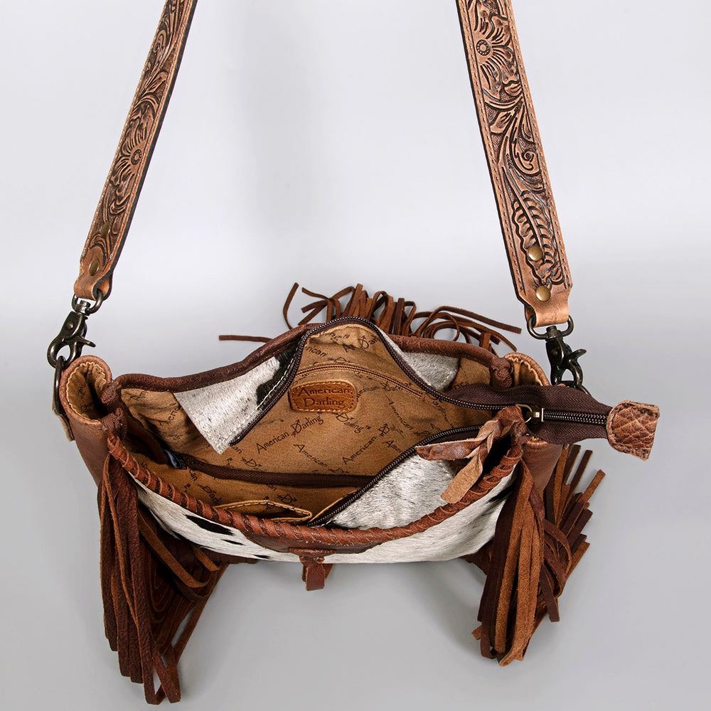 ADBG351 Hair-On Cowhide Hobo Bag with Fringe Tooled Leather Western Shoulder Bag