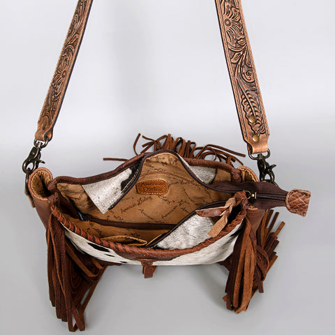 American Darling Western Leather Crossbody Bag with Hair-On Cowhide and Hand Tooled Strap