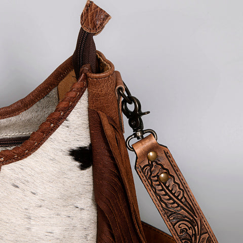 American Darling Western Leather Crossbody Bag with Hair-On Cowhide and Hand Tooled Strap